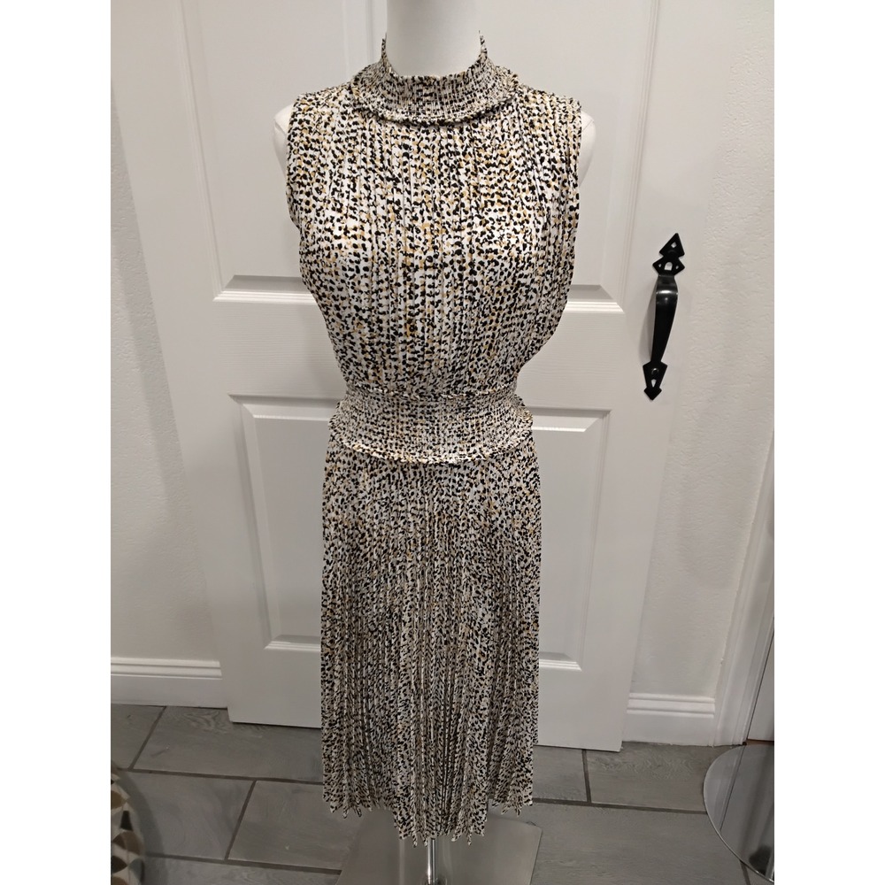 Nanette Lepore Animal Print Smocked Waist Pleated Midi Dress Yellow Black Size 2